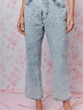 Pearl-Embellished Light Blue Cropped Jeans
